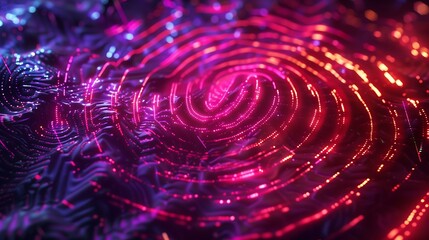 Wall Mural - ai-generated cybernetic pattern resembling a digital fingerprint, illuminated with neon lights and d