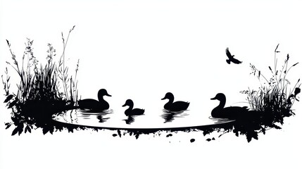 Canvas Print - A playful silhouette of a group of ducks swimming in a pond, with faint ripples and abstract foliage framing the scene, creating a whimsical and nature-inspired design. 