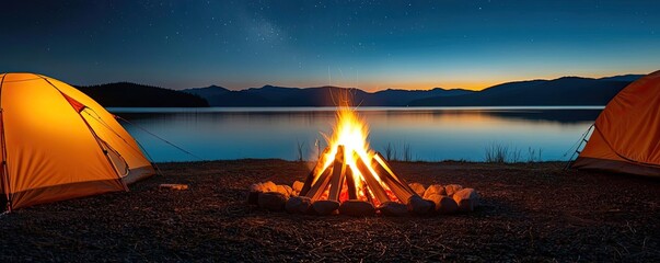 Wall Mural - campfire camp concept. a peaceful camping scene by a lake at dusk, featuring tents and a warm campfi