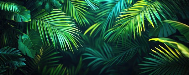 Poster - Greenery palms idea. Lush green tropical leaves create a vibrant, serene atmosphere in nature's paradise.