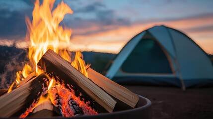 Wall Mural - campfire camp concept. a cozy campfire glowing beside a tent under a beautiful sunset sky.