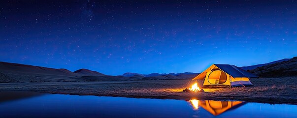 Wall Mural - campfire camp concept. a serene camping scene by a calm lake under a starlit sky during twilight.