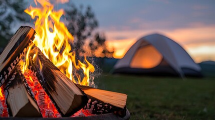 Wall Mural - campfire camp concept. a cozy campfire burning brightly at sunset near a tent in the wilderness.