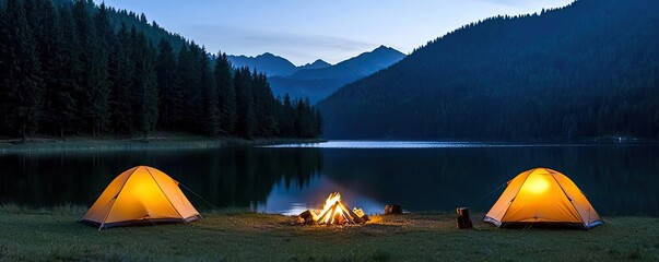 Wall Mural - campfire camp concept. a serene camping scene at twilight with glowing tents beside a peaceful lake.