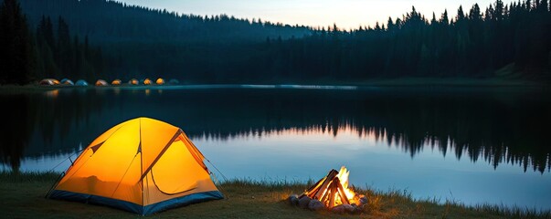 Wall Mural - campfire camp concept. a serene lakeside camping scene with a glowing tent and a warm campfire.