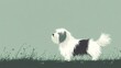 © sarun - A minimalist side-profile drawing of an Old English Sheepdog standing on a grassy patch, its fur gently blowing in the wind