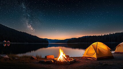 Wall Mural - campfire camp concept. a tranquil camping scene with a campfire and tents under a starry night sky.