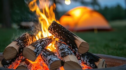 Wall Mural - campfire camp concept. campfire glowing brightly at night beside a cozy tent in a serene outdoor set