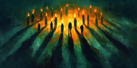 Canvas Print - a group of people are standing in a circle with their hands up, and there are many fire torches in t