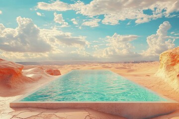 Wall Mural - a large pool of water is surrounded by sand and rocks. the sky is cloudy and the water is blue