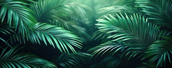 Fototapete - Greenery palms idea. Lush green palm leaves create a tropical ambiance in a serene nature setting.