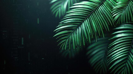 Fototapete - Greenery palms idea. Vibrant green palm leaves with a dark background creating a lush tropical vibe.