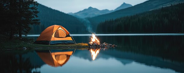 Wall Mural - campfire camp concept. a serene camping scene with a tent beside a calm lake and a glowing campfire.