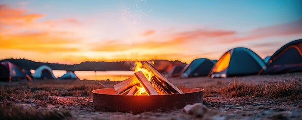 Wall Mural - campfire camp concept. a serene camping scene with a glowing campfire during a colorful sunset.