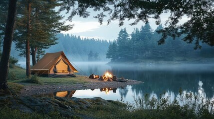 Wall Mural - campfire camp concept. a tranquil camping scene by a misty lake at dawn, surrounded by tall trees an