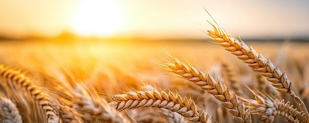 Poster - Golden wheat concept. Golden wheat field basking in warm sunlight during a serene sunset landscape.