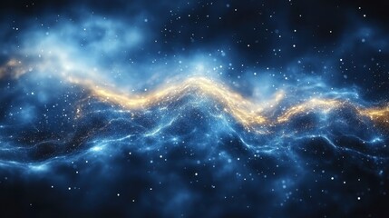 abstract cosmic nebula with blue and gold energy waves.