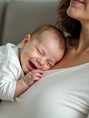 Sticker - Adorable newborn baby resting on sofa with mother, lying on her chest and smiling, panorama