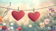 © EnelEva - Two red felt hearts on a clothesline with flowers and a bokeh background