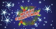 © vectorfusionart - Image of merry christmas text with wreath and snowflakes moving on blue background