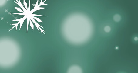 Wall Mural - Image of multiple snowflakes icons falling over spots of light against green background