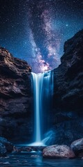 Wall Mural - A waterfall is flowing into a river. The water is blue and the sky is dark. There are many stars in the sky