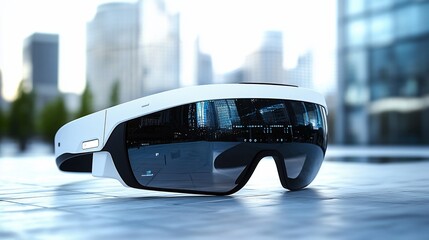 Futuristic smart glasses on city background.