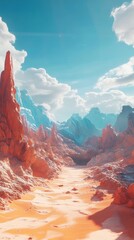 Wall Mural - A desert landscape with mountains in the background. The sky is blue with clouds. The mountains are covered in snow