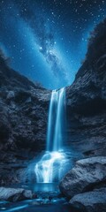 Wall Mural - A waterfall is shown in the dark of night, with the stars shining brightly above it. Concept of tranquility and wonder