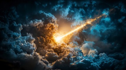 Aufkleber - Radiant light pierces dark clouds over a stormy landscape digital artwork dramatic atmosphere eye-level perspective