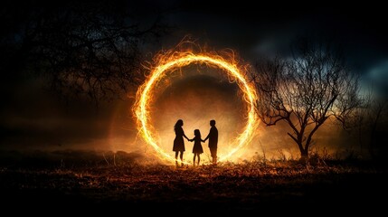 Poster - Magical circle of light envelops two people in enchanted forest at dusk illuminating connection and unity