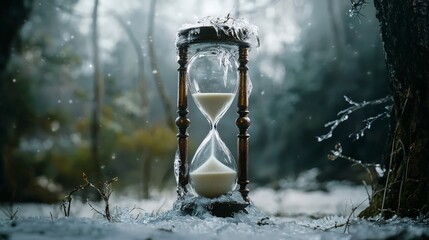 Aufkleber - Frozen hourglass suspended in time enchanted forest surreal art winter wonderland close-up perspective time concept