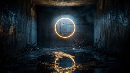 Aufkleber - Illuminating glowing circle of light in dark room abstract art urban environment captivating perspective