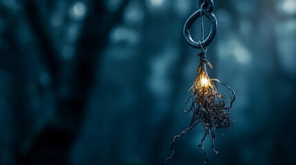 Poster - Delicate light bundle hangs from hook in enchanted forest surreal photography mystical atmosphere close-up view