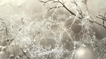 Wall Mural - A close up macro shot of a spider web with water droplets clinging to the silken threads, showcasing the delicate structure and intricate details of the web. Silken. Illustration