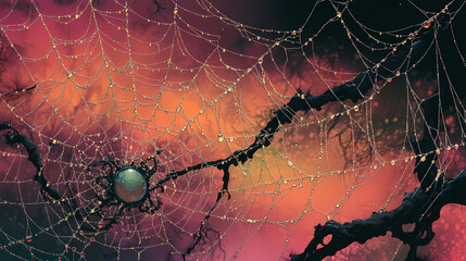 Wall Mural - A close-up of a spider web with droplets of water on its silken strands. Silken. Illustration