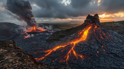 Aufkleber - Volcanic eruption under fiery sunset nature landscape dramatic environment awe-inspiring viewpoint