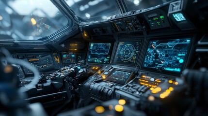 Poster - Close-up view of a futuristic spacecraft cockpit advanced technology in a high-tech outer space digital art