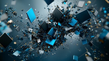 Fototapete - Dynamic array of geometric shapes shifting in vibrant blue and black colors abstract art digital environment modern viewpoint