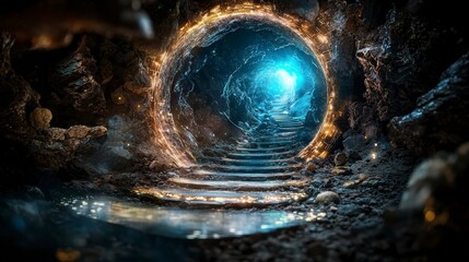 Poster - Futuristic light pathway leading to a mysterious portal enchanted landscape digital artwork surreal environment