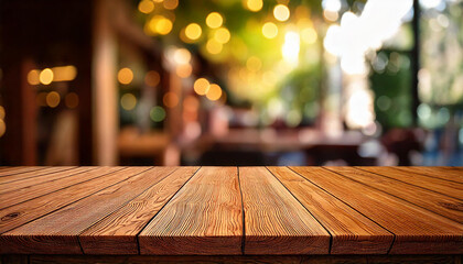 close-up of rustic wooden tabletop with blurry cafe background