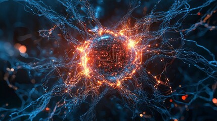 Aufkleber - Futuristic circuit network formation digital realm abstract art neon glow close-up technology innovation