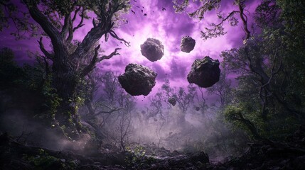 Wall Mural - floating rocks and ancient trees in a magical forest fantasy landscape enchanted environment surreal