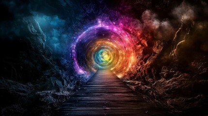 Wall Mural - vibrant illuminated bridge leading into a mystical colorful portal enchanted landscape digital art f