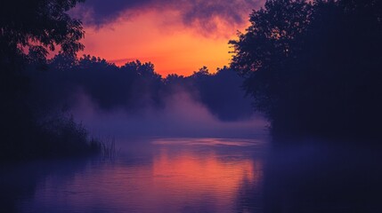 Wall Mural - A river with a foggy mist in the background. The sky is orange and the water is calm