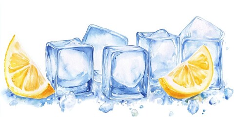 Wall Mural - A painting of a lemon and ice cubes on a white background