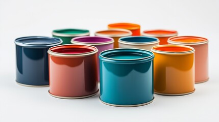 a collection of paint cans in various colors, isolated on white background.