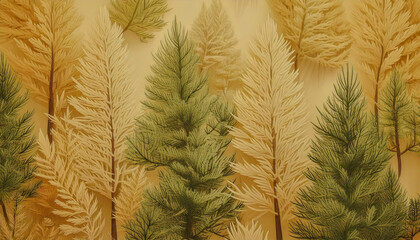 Close-up of pine tree branches with green needles against a beige background.