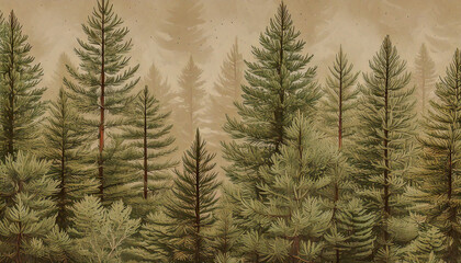 Close-up of pine tree branches with green needles against a beige background.