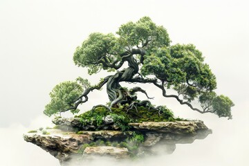 A large tree is on a rock. The tree is green and has a lot of leaves. The leaves are spread out and the tree is very tall